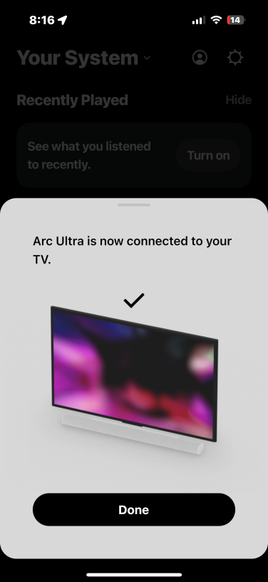 screenshot from the sonos app showing setup process for soundbar