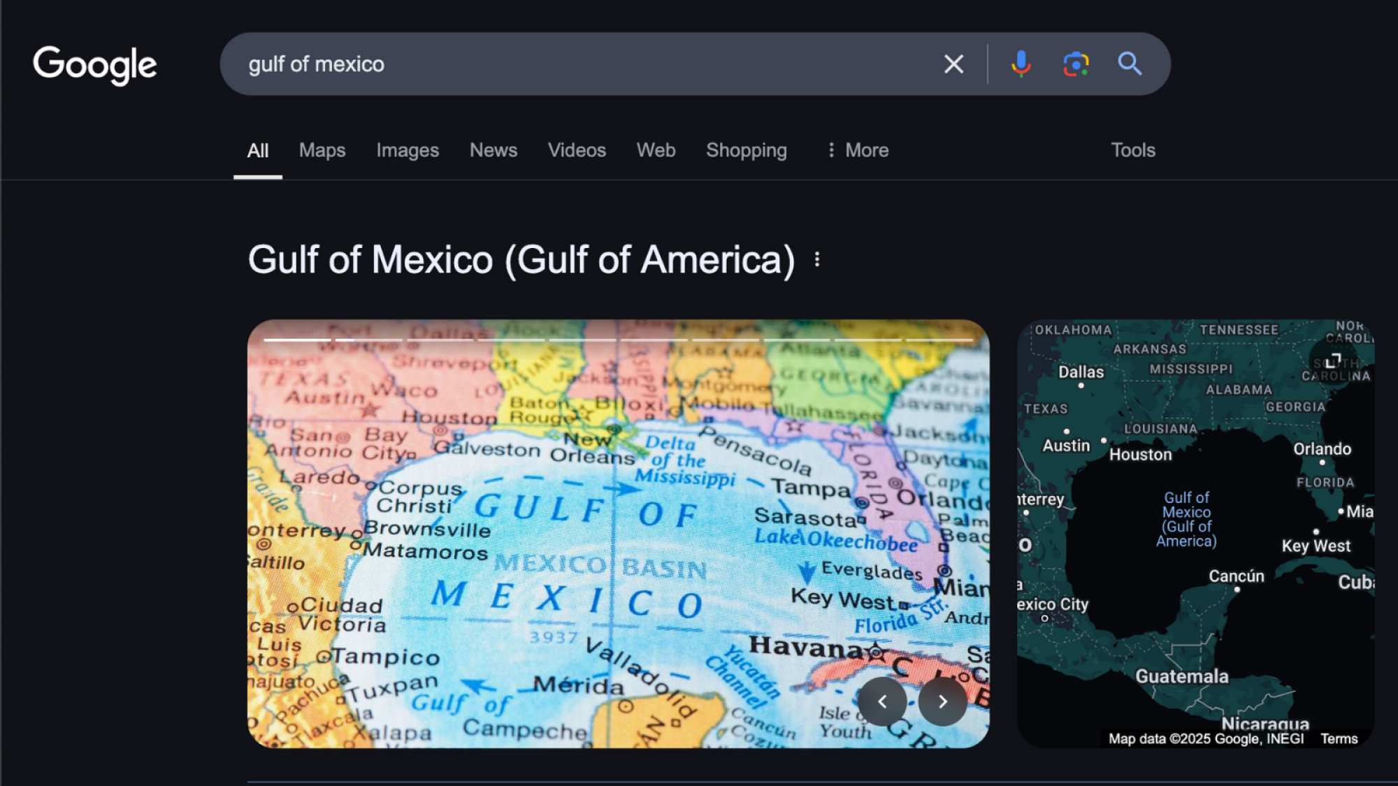 A screenshot of Australian Google Search results for "Gulf of Mexico," showing text reading "Gulf of Mexico (Gulf of America)."