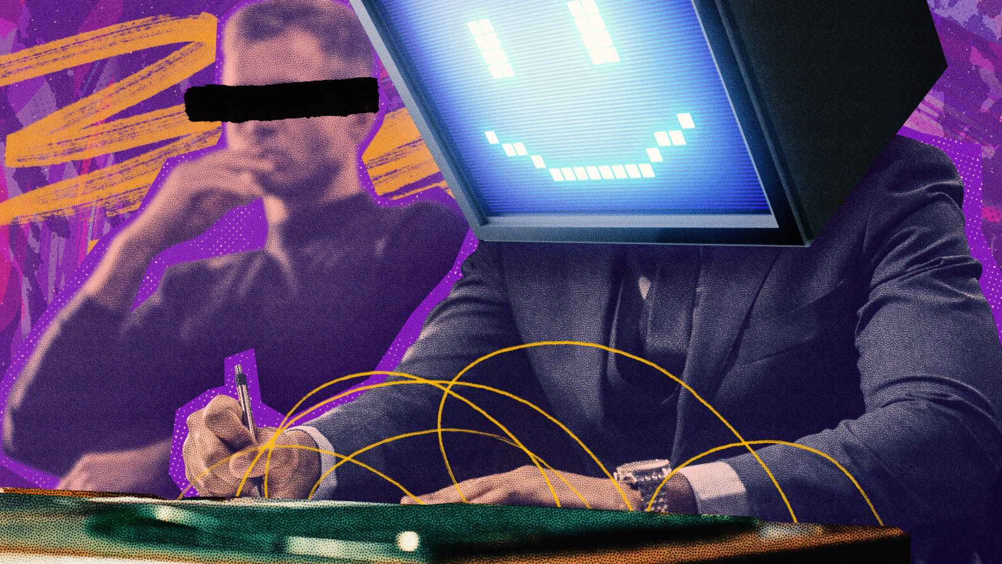 An illustration of a person with a computer monitor for a head (symbollising AI) sitting next to someone else, writing something down.