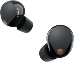 black sony wf-1000xm5 earbuds on a white background