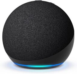 charcoal echo dot smart speaker against a white background