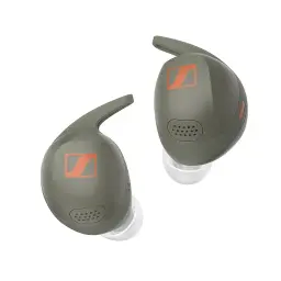 olive colored sennheiser momentum sport earbuds against a white background