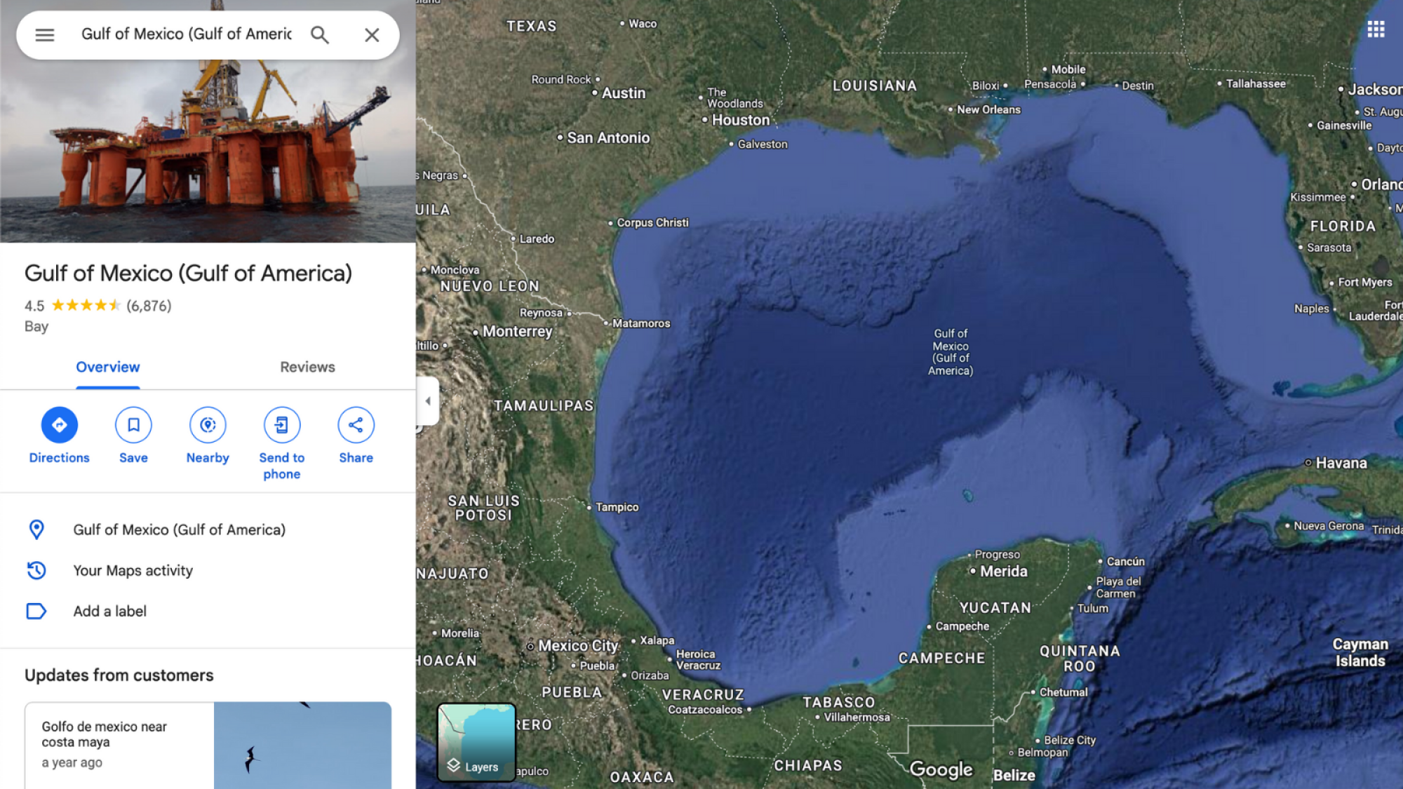 A screenshot of Australian Google Maps results for "Gulf of Mexico," showing the location's label reading "Gulf of Mexico (Gulf of America)".