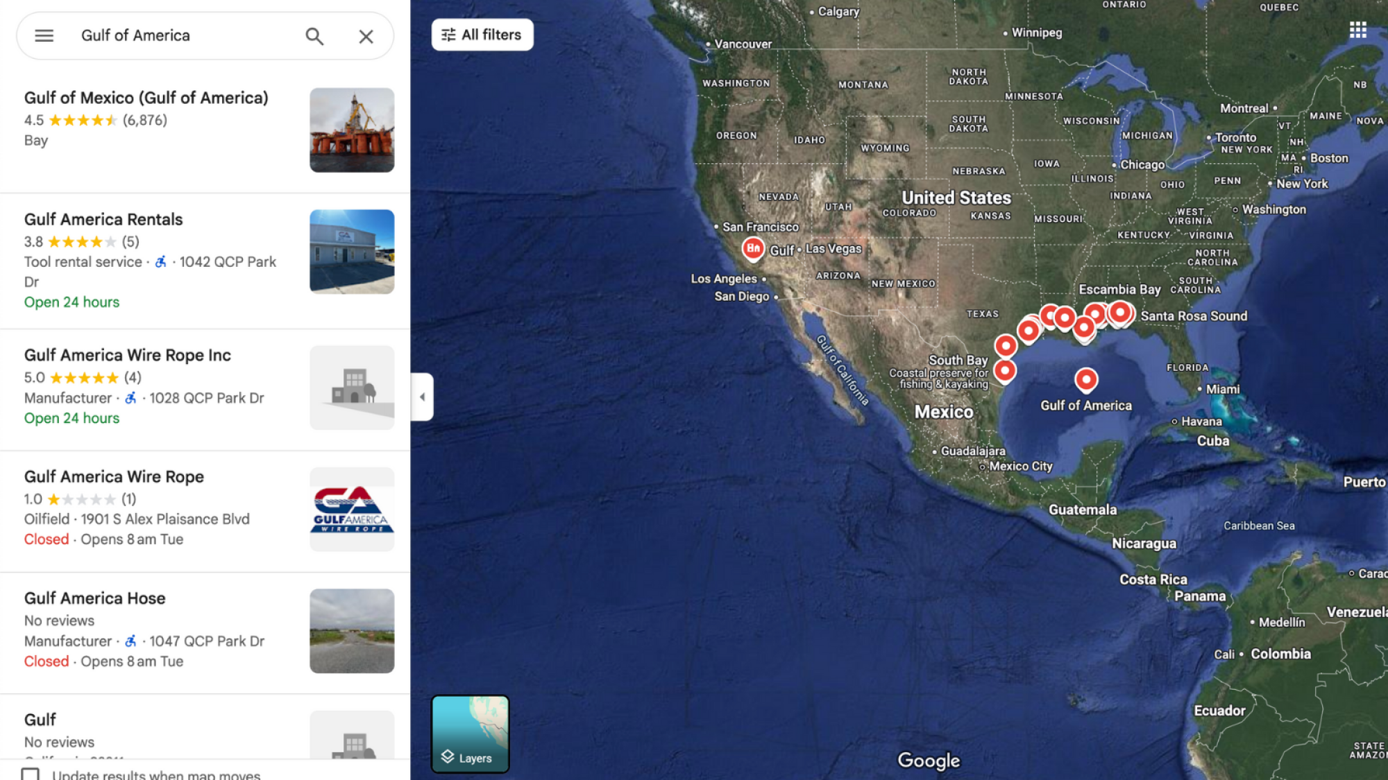 A screenshot of Australian Google Maps results for "Gulf of America," including the relevant gulf as well as several American businesses featuring the word "gulf."