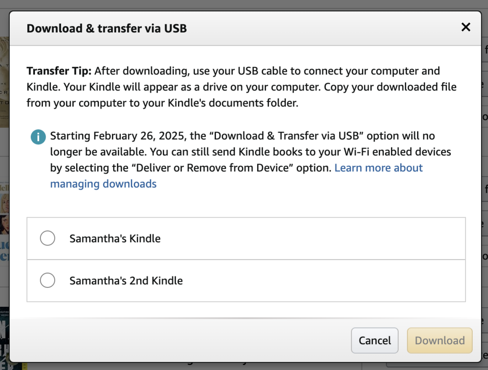 A screenshot of a pop-up window to download your Kindle e-book.