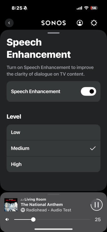 screenshot from sonos app showing dialogue enhancement feature
