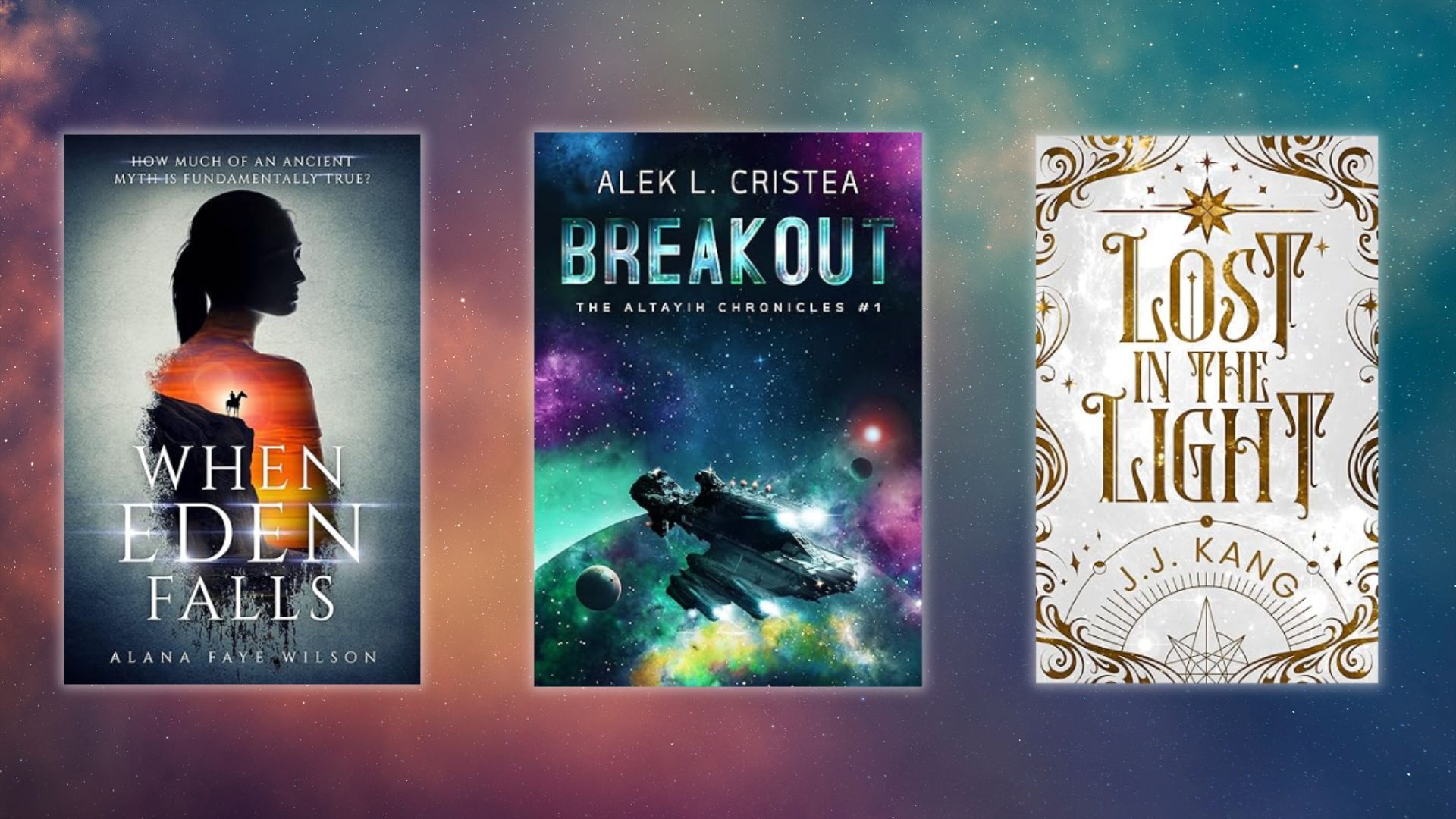 three science fiction e-book covers against a cosmic background with pink and blue clouds