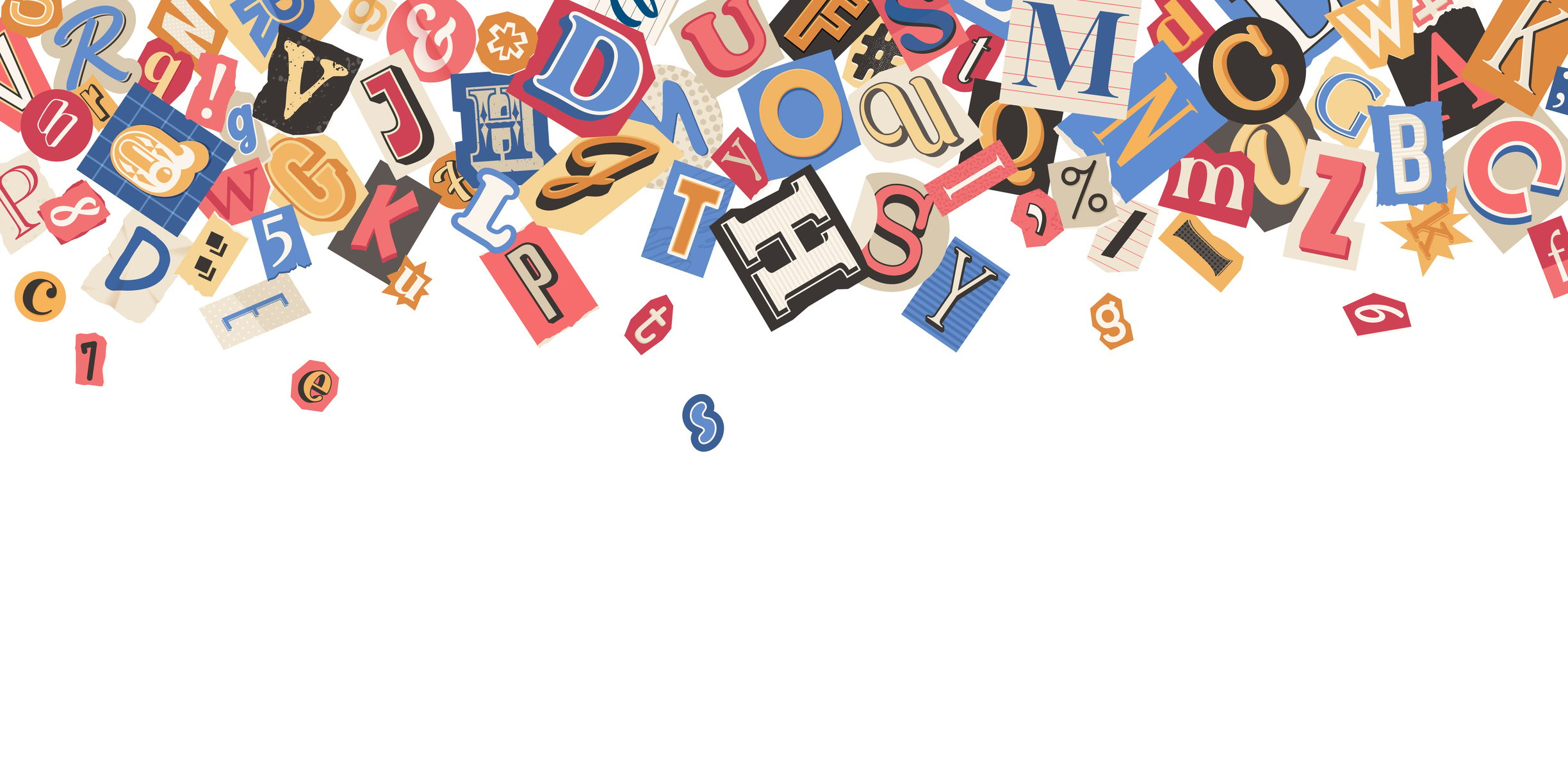 Scattered letters on white background. Cutout letters of magazine, newspaper and journal.