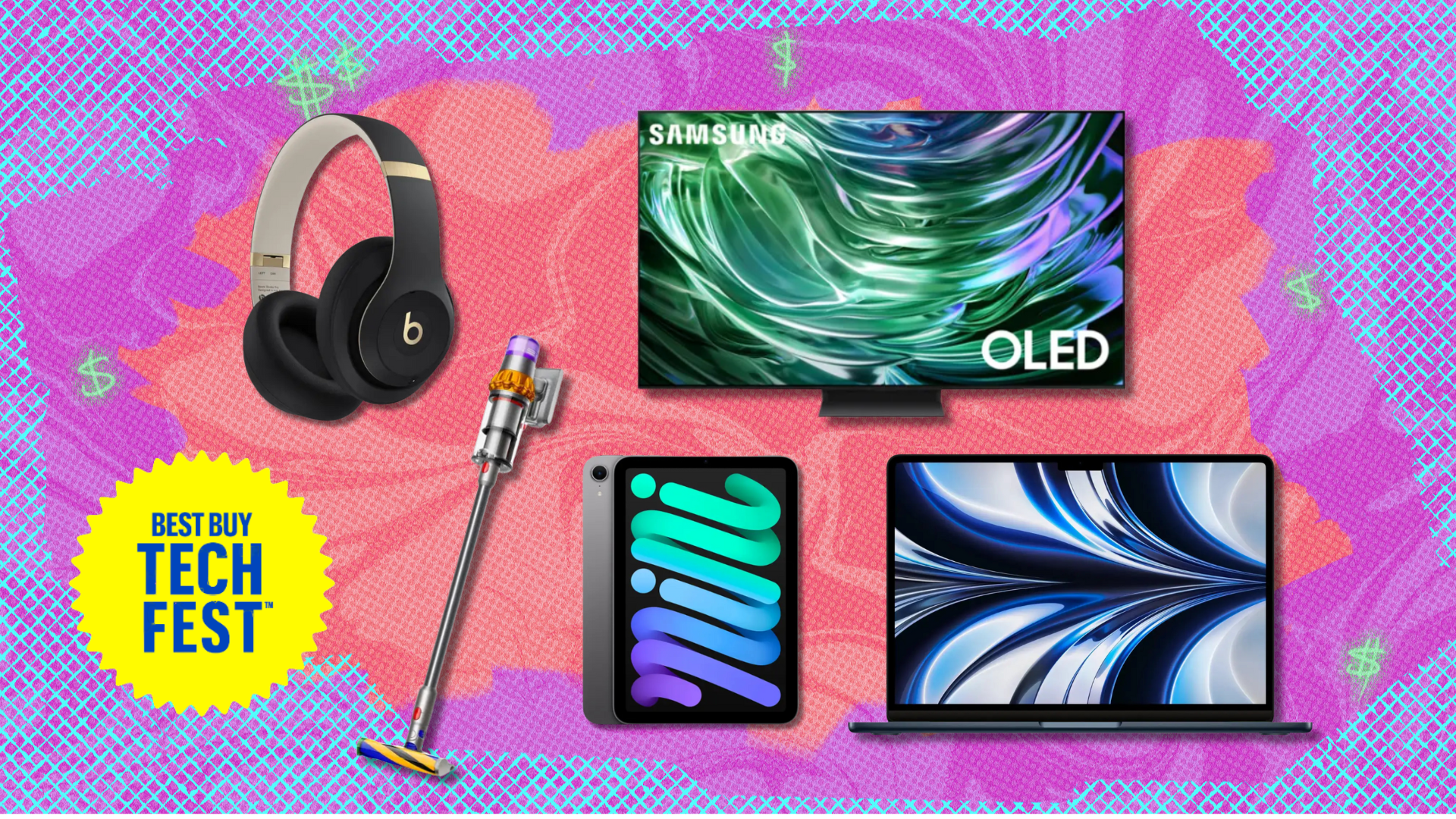 A colorful background with a pair of headphones, a vacuum, TV, tablet, and laptop on it.