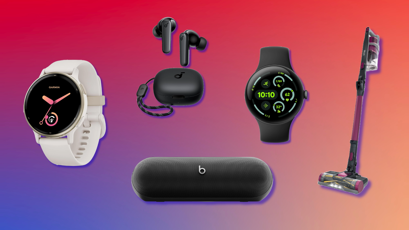 Garmin vivoactive 5, Soundcore p20i, Google Pixel Watch 3, Beats Pill, and Shark Pet Plus with colorful background