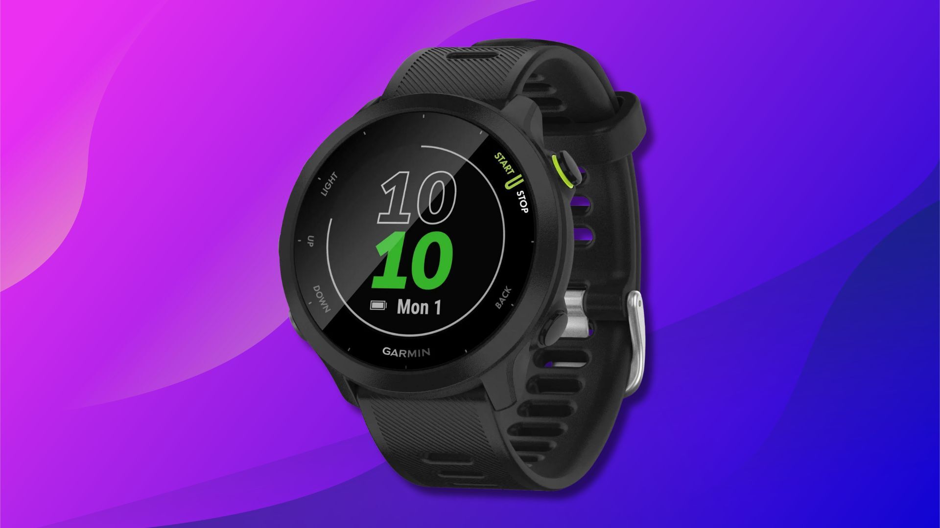 garmin forerunner 55 smartwatch against a pink and blue gradient background