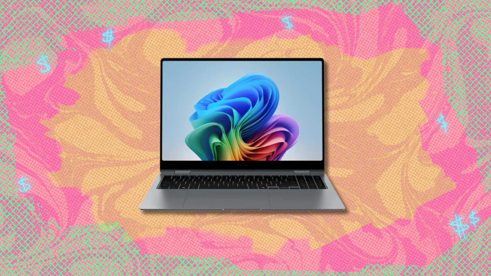 a samsung galaxy book5 pro 360 against a colorful background