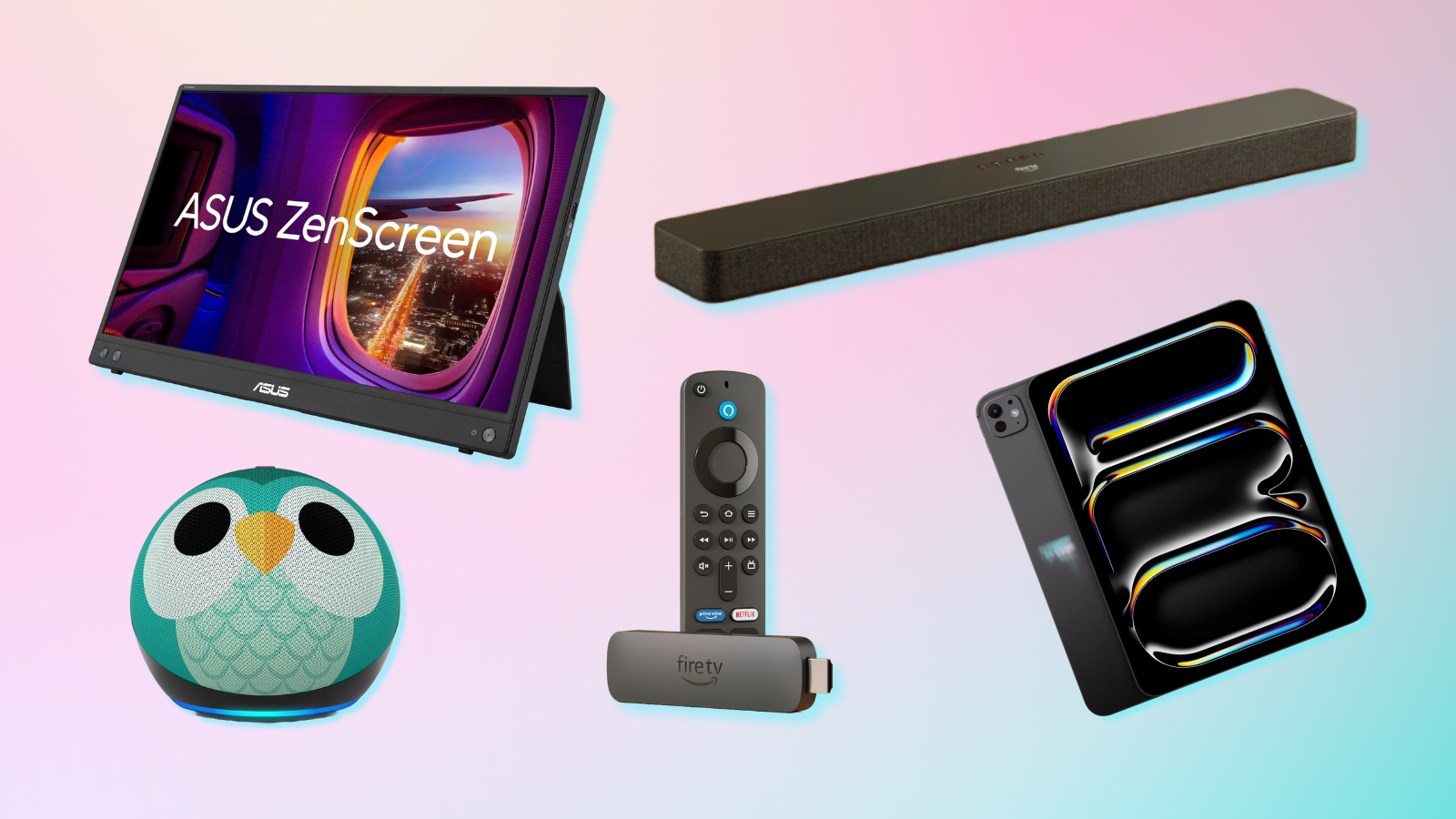 Asus ZenScreen, Amazon Echo Dot Kids, Amazon Soundbar Plus, Fire TV Stick 4K, and Apple iPad Pro with pink and blue background