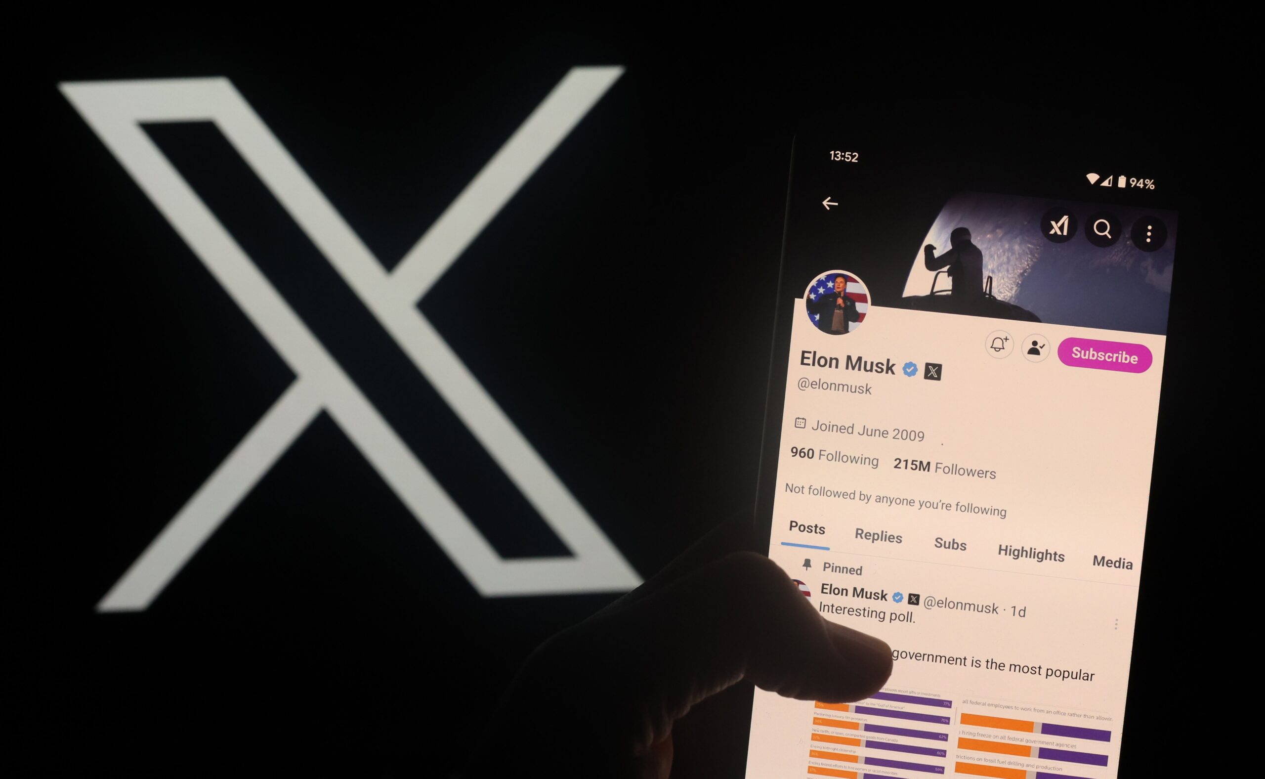 x logo next to a phone showing elon musk's x page