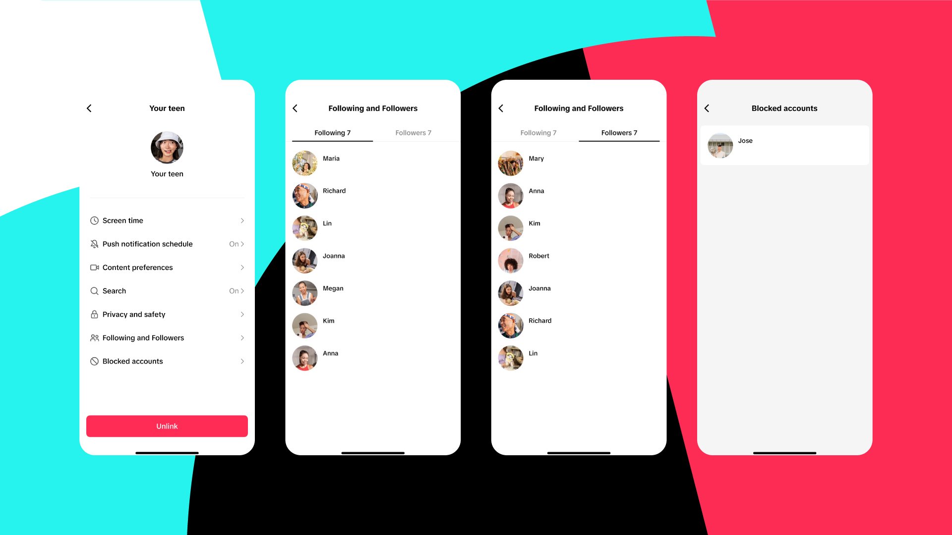 Four iPhone screenshots showing new TikTok Family Parenting settings on a colorful background.