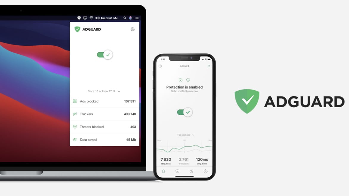 adguard on laptop and smartphone screens