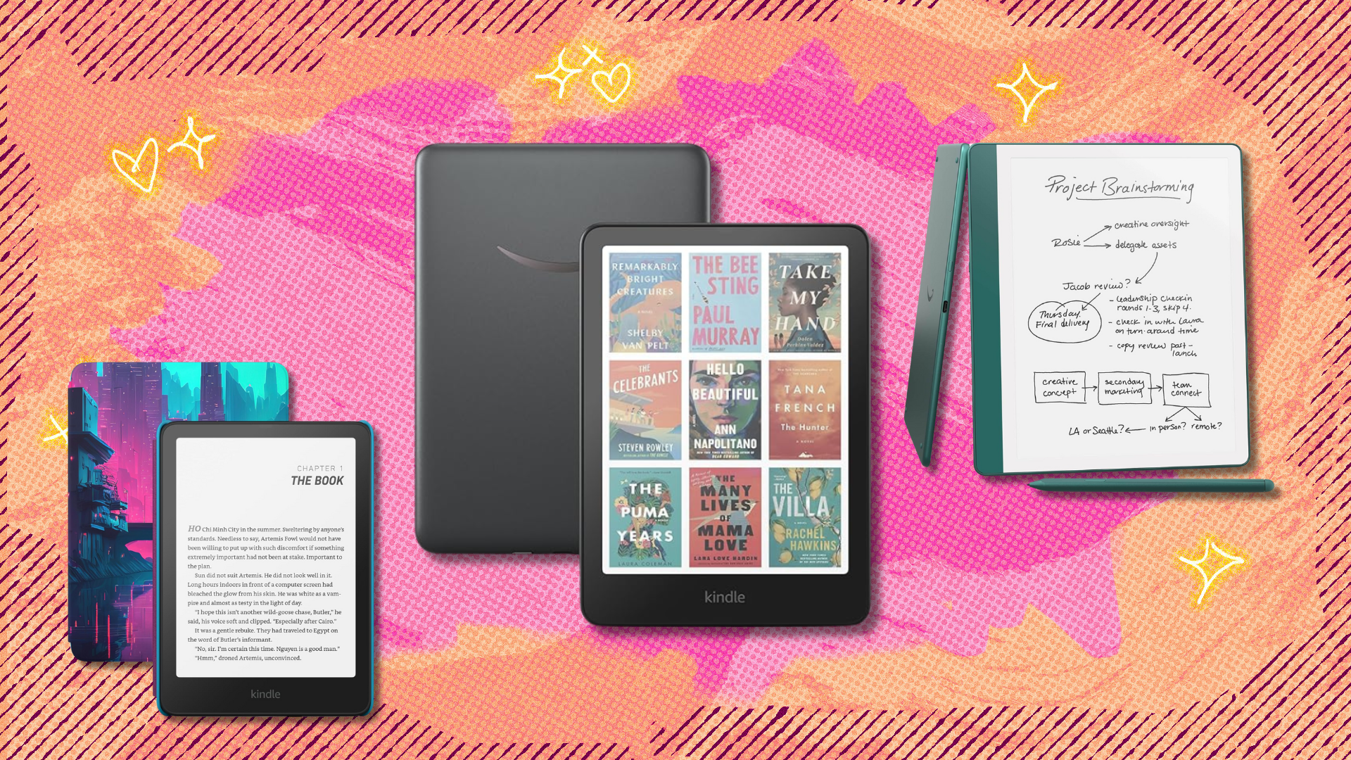 A colorful background with three Kindle devices on the front.