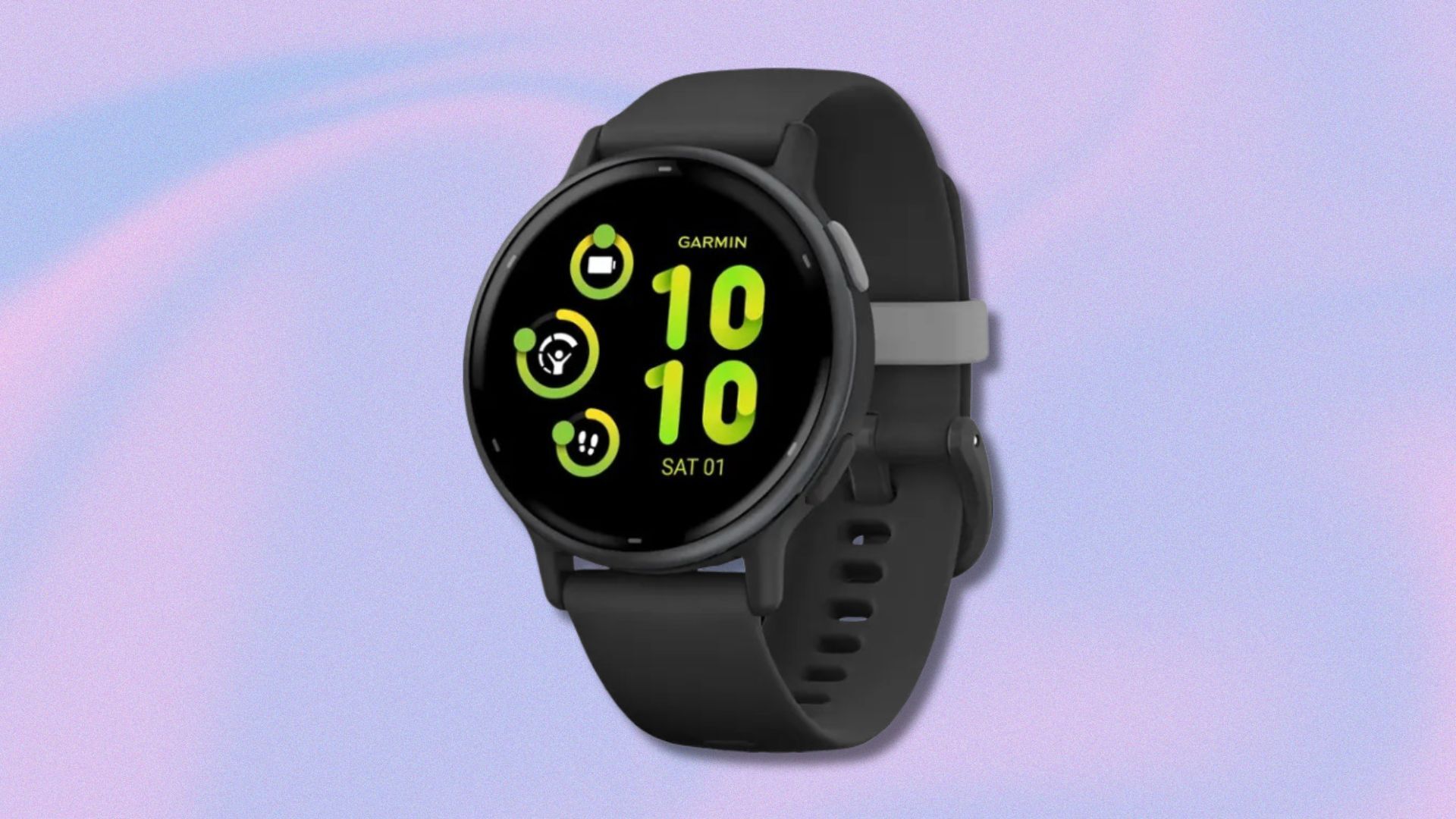 garmin vívoactive 5 smartwatch against a light purple and blue swirling background