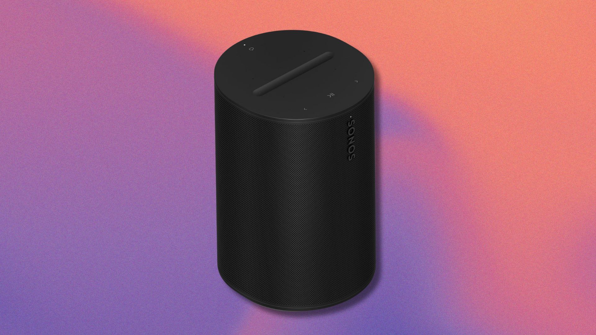 black sonos era 100 smart speaker against a purple and orange swirling background