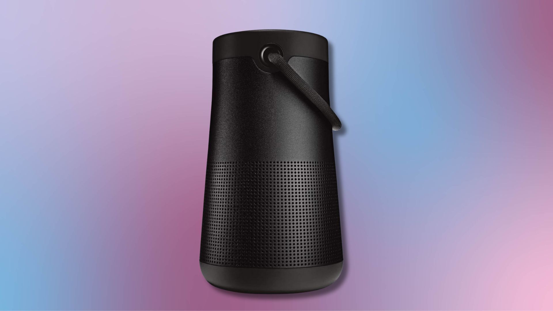 black bose soundlink revolve+ series II speaker against a purple and blue gradient background