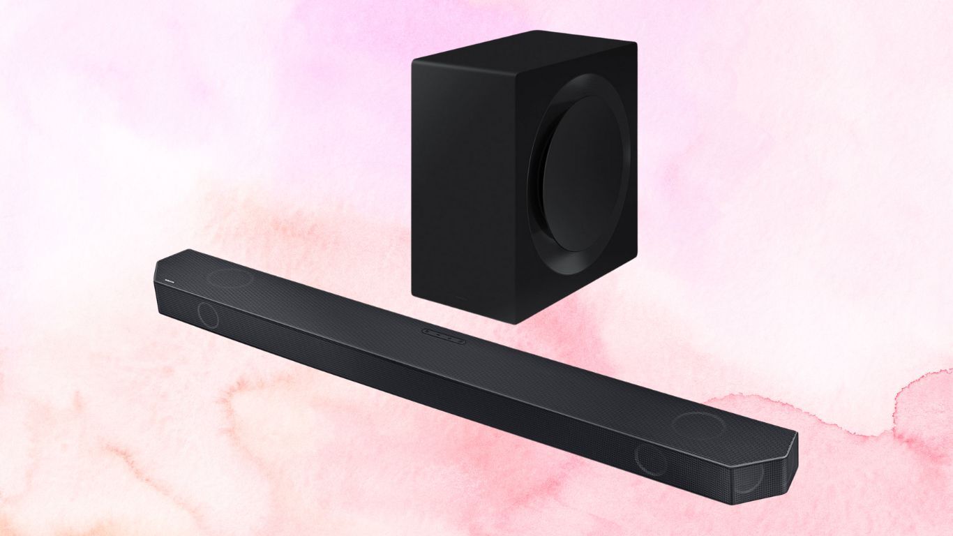 Samsung Q-Series 7.1.2ch Wireless Dolby Atmos Soundbar (HW-Q900C/ZA) on a pink marble background