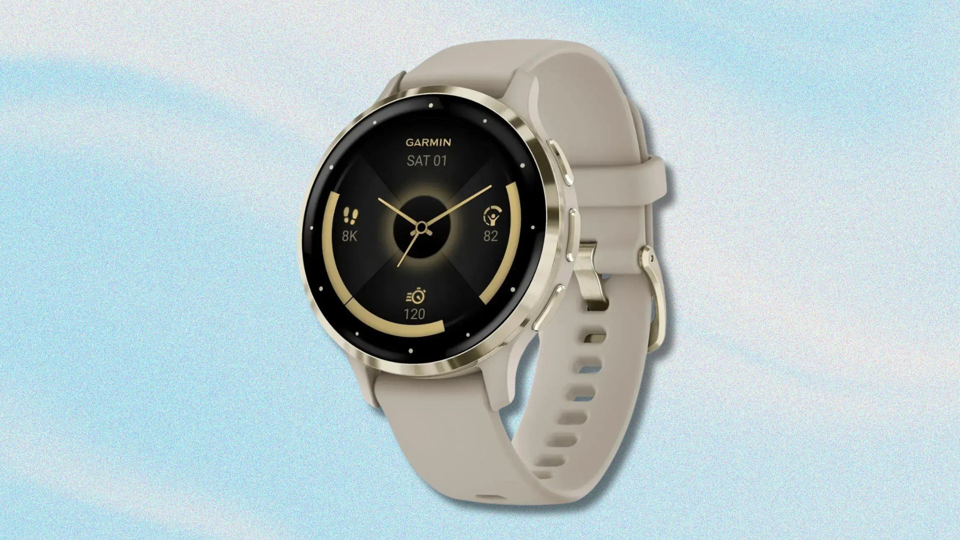 garmin venu 3s smartwatch against a light blue and white swirling background