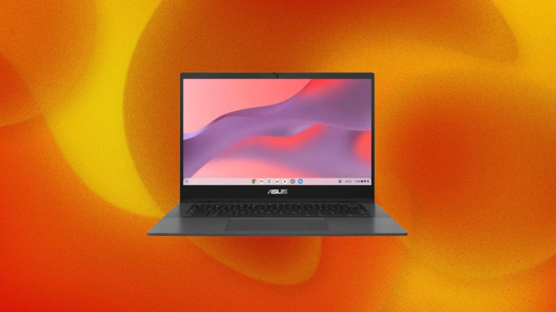 An Asus Chromebook appears on an abstract orange background.