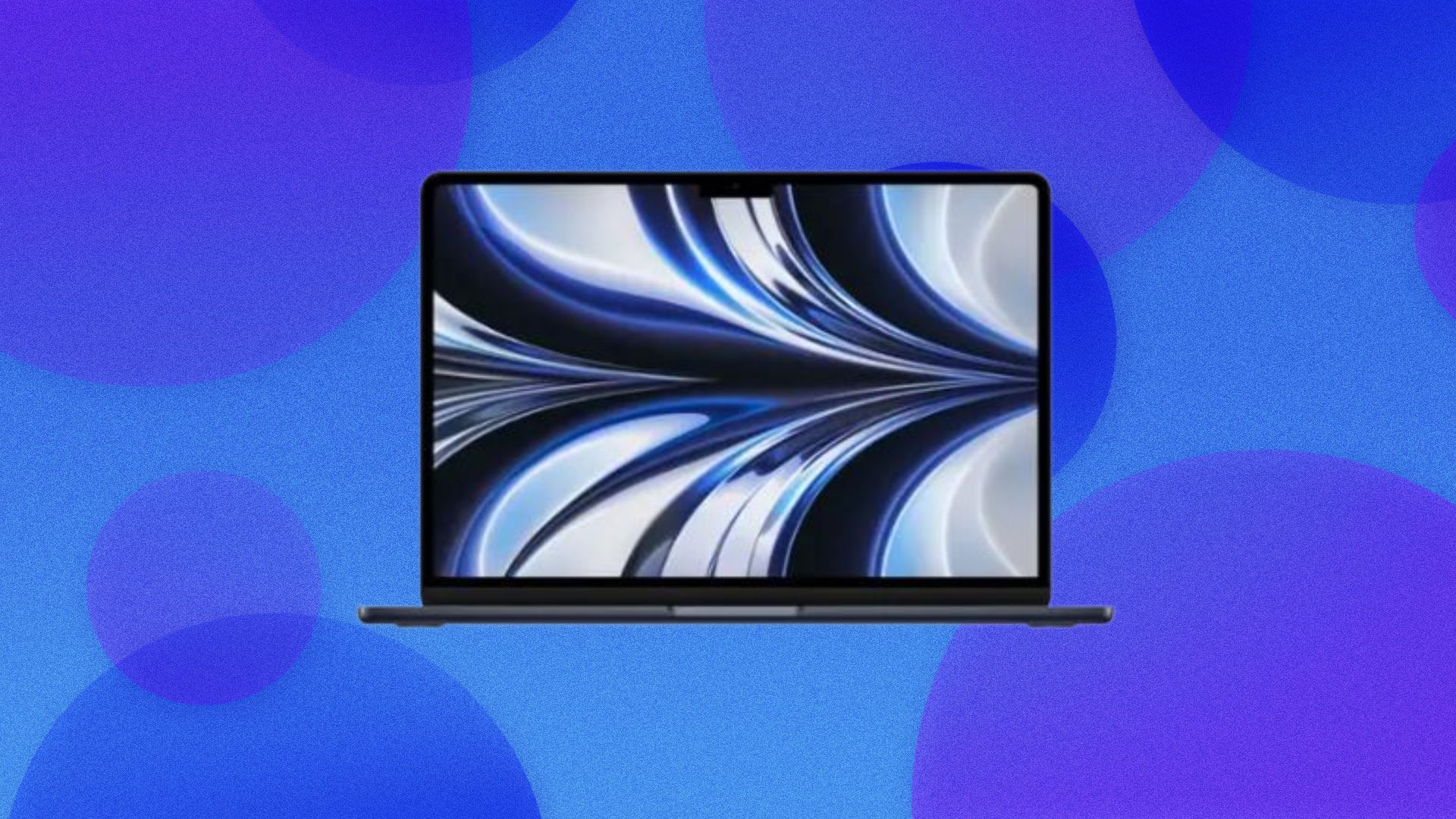 A MacBook Air appears on an abstract blue bubble background.