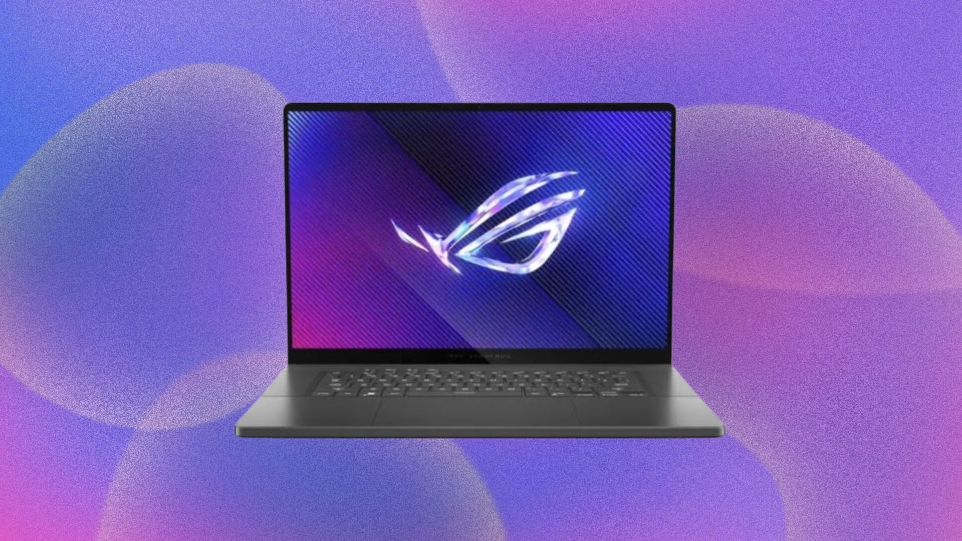 An Asus ROG Zephyrus laptop appears on a purple background.