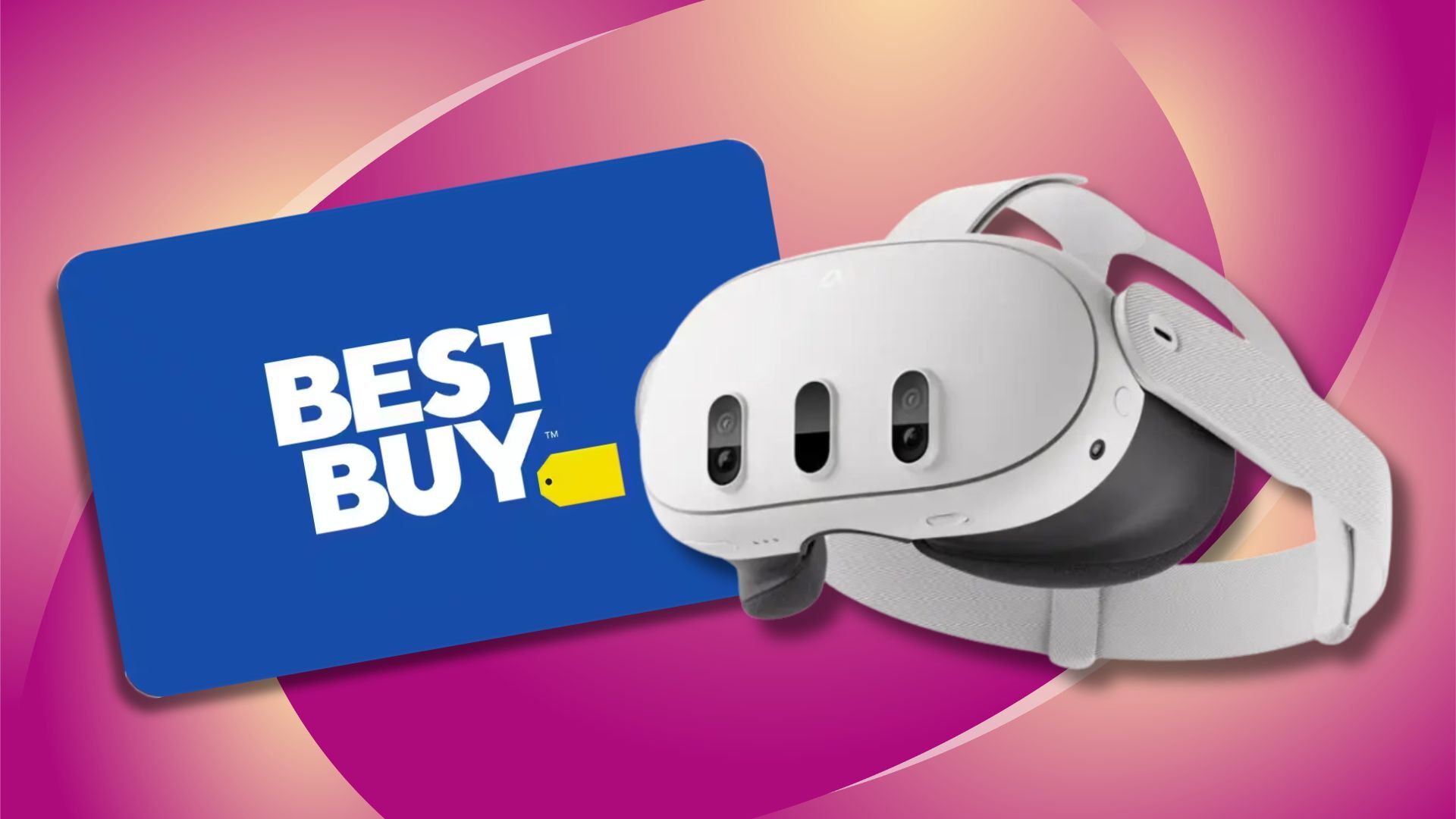 a blue best buy gift card and meta quest 3 headset against a dark pink and yellow patterned background