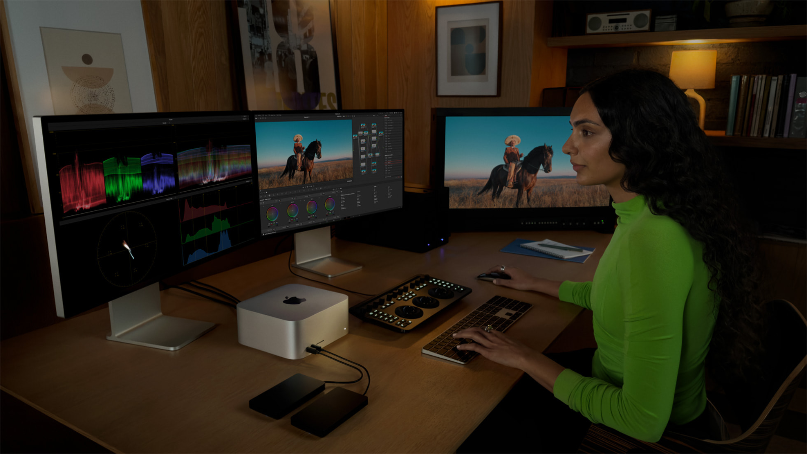 a woman working at a desktop computer setup powered by an apple mac studio