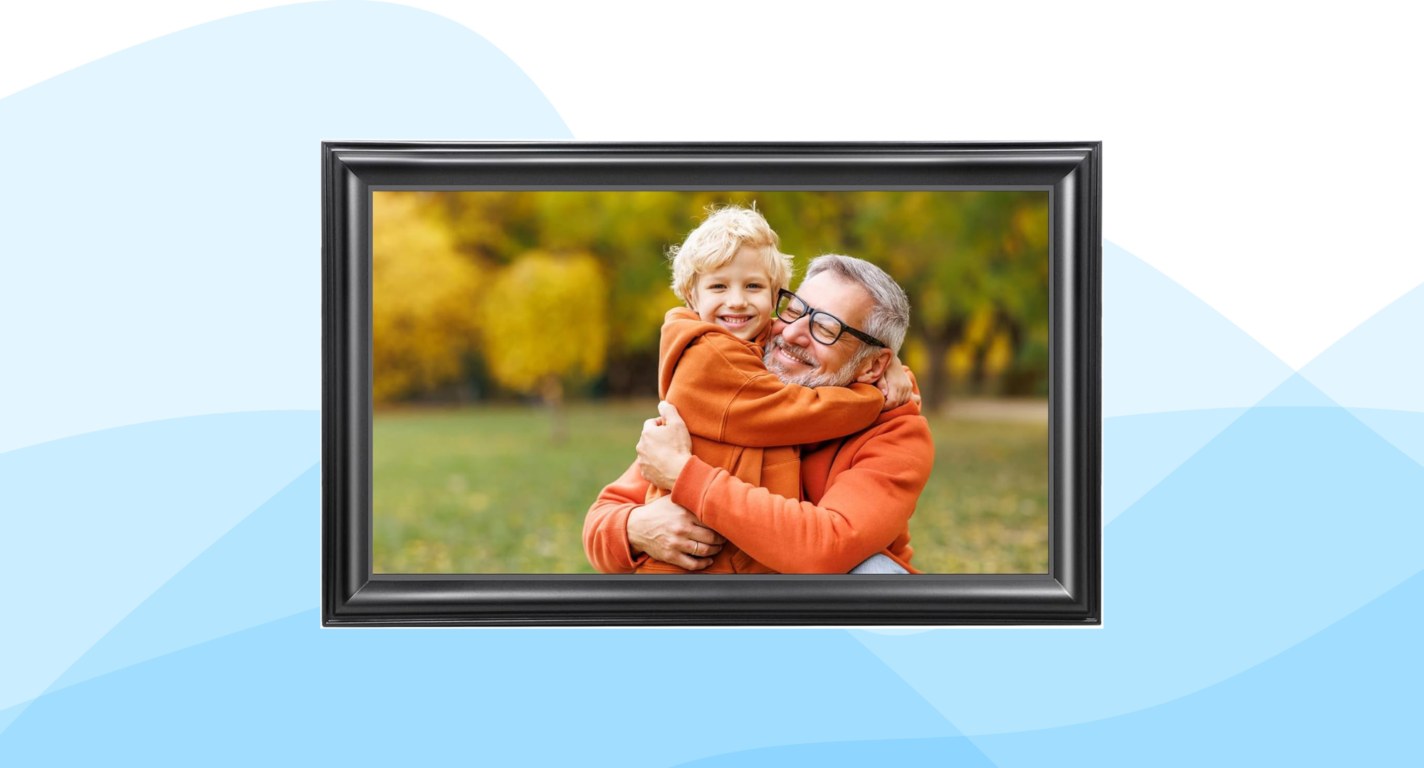 A black Canupdog digital photo frame is displayed against a white and blue background.