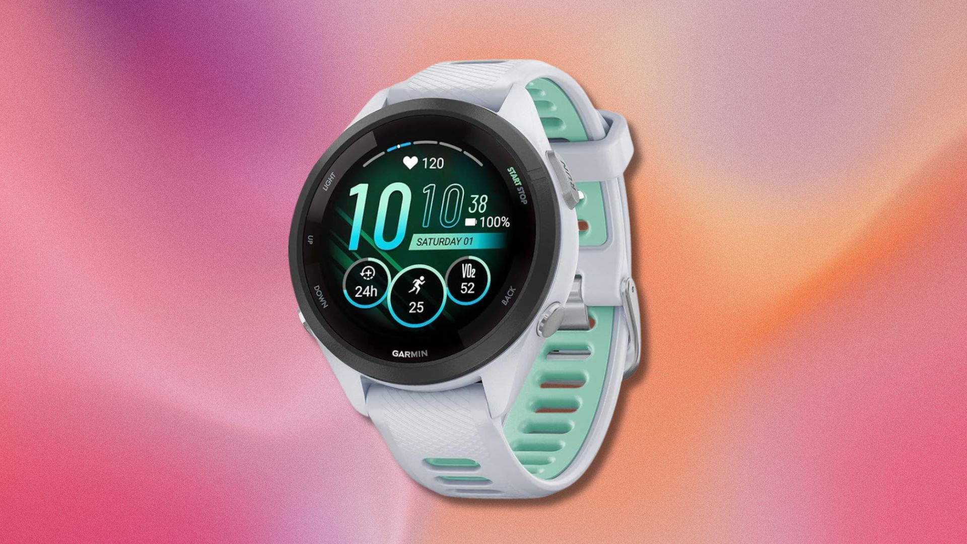 garmin forerunner 265s smartwatch against a pink and orange gradient background