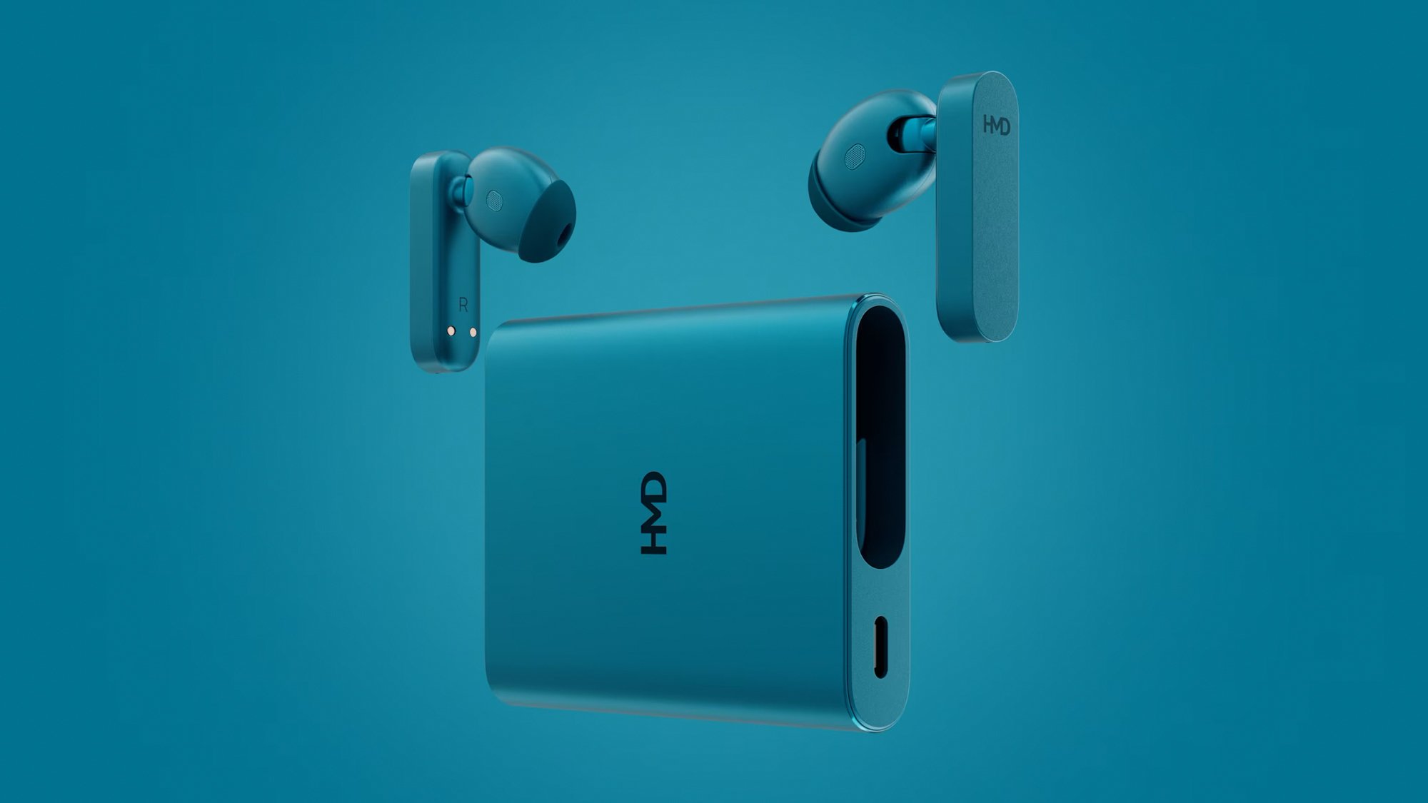 HMD's Amped Buds on a blue background.