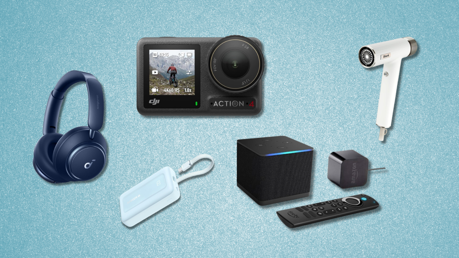 Soundcore Space Q45, DJI Osmo Action 4, Anker Zolo, Amazon Fire TV Cube, Shark SpeedStyle with blue sparkly background