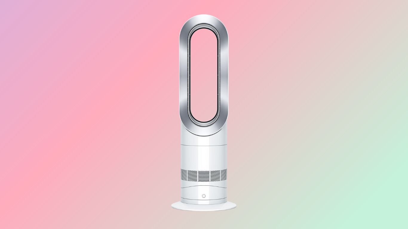 Dyson Hot+Cool AM09 on a green to pink gradient background