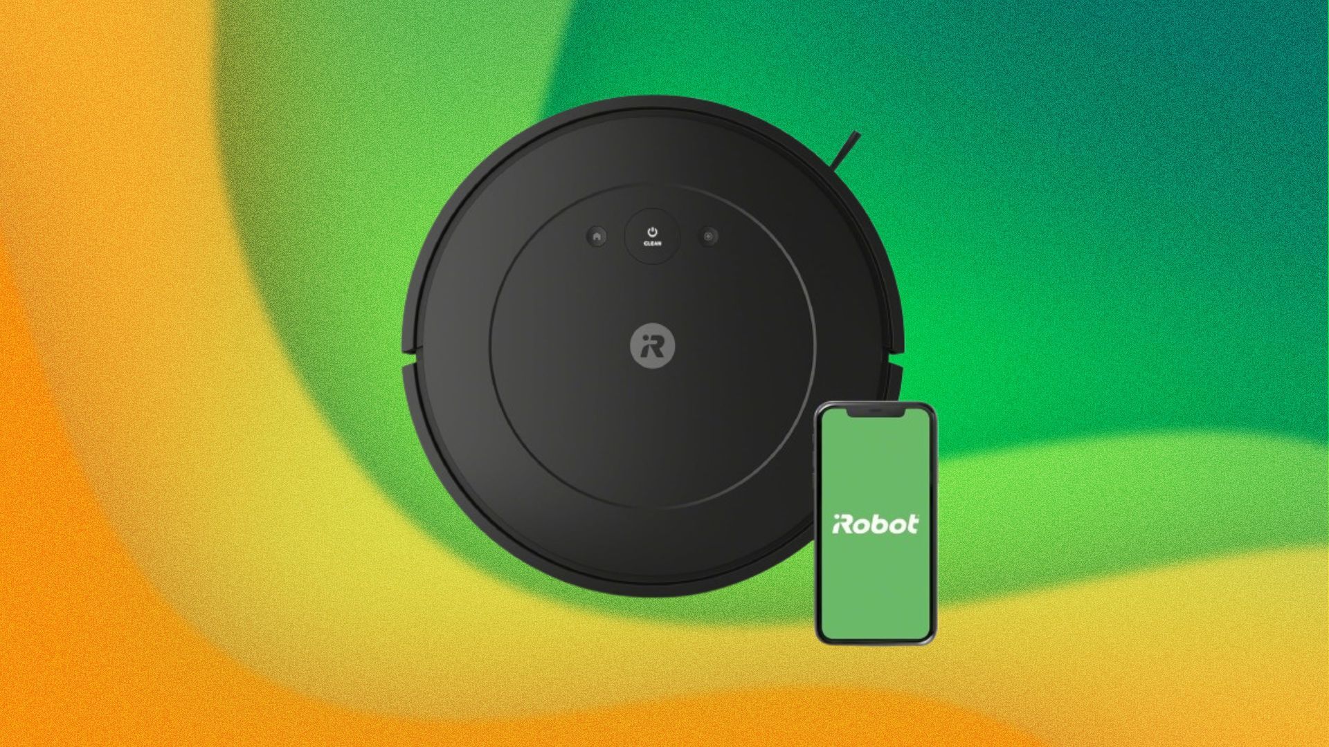 An iRobot Roomba Robot Vacuum appears on a yellow and green swirly background with a small phone that displays the iRobot logo.