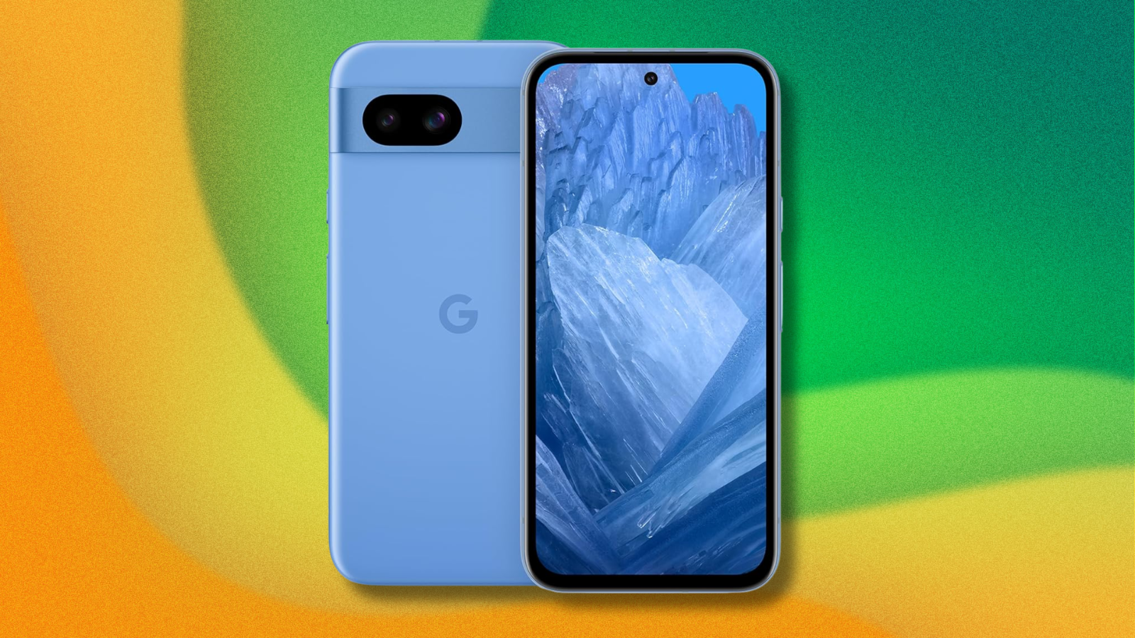 Google Pixel 8a on green and yellow abstract background