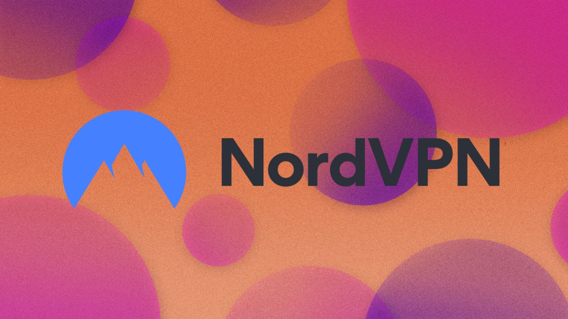 The NordVPN logo with its mountain symbol appears on an abstract pink and orange bubble background.