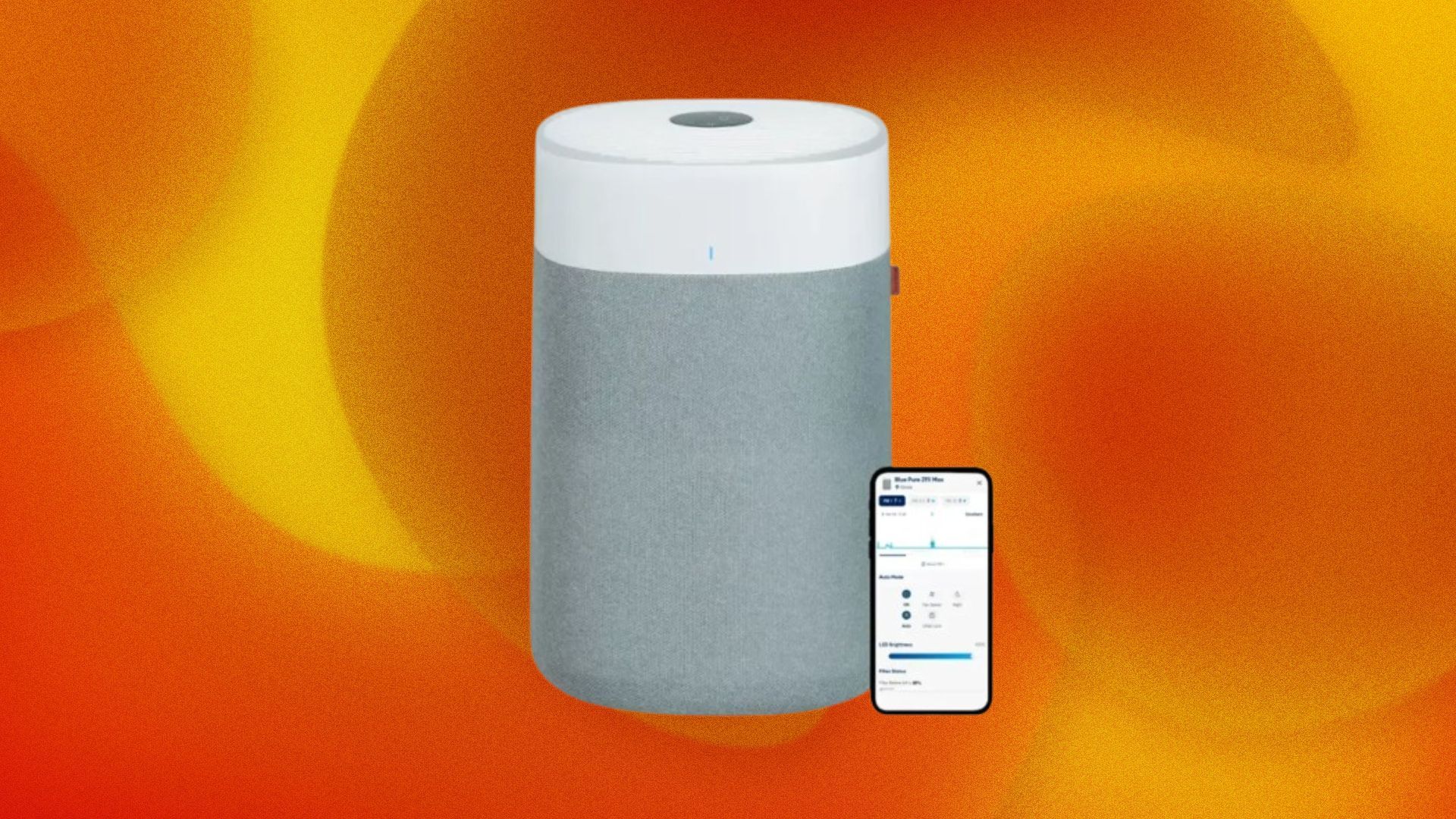 A Blueair Blue Pure 211i Max Air Purifier appears on an abstract orange swirly background.