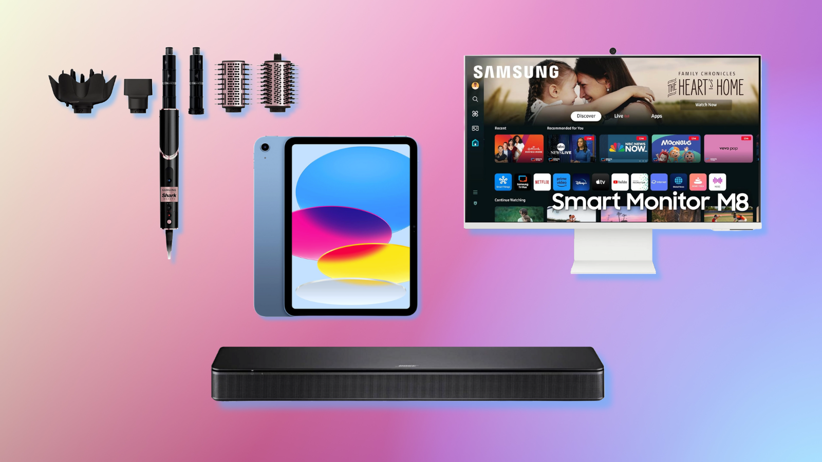 Shark FlexStyle with attachments, Apple iPad, Bose TV speaker, and Samsung M8 smart monitor with pink and blue gradient background