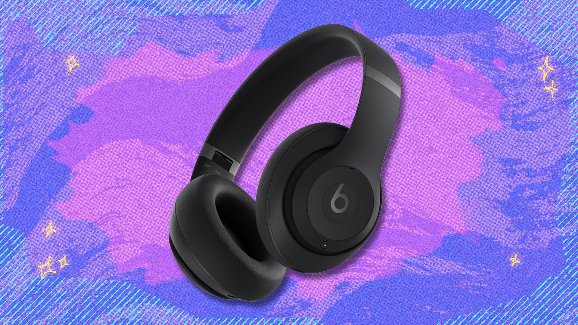 beats studio pro headphones against a purple and pink patterned background