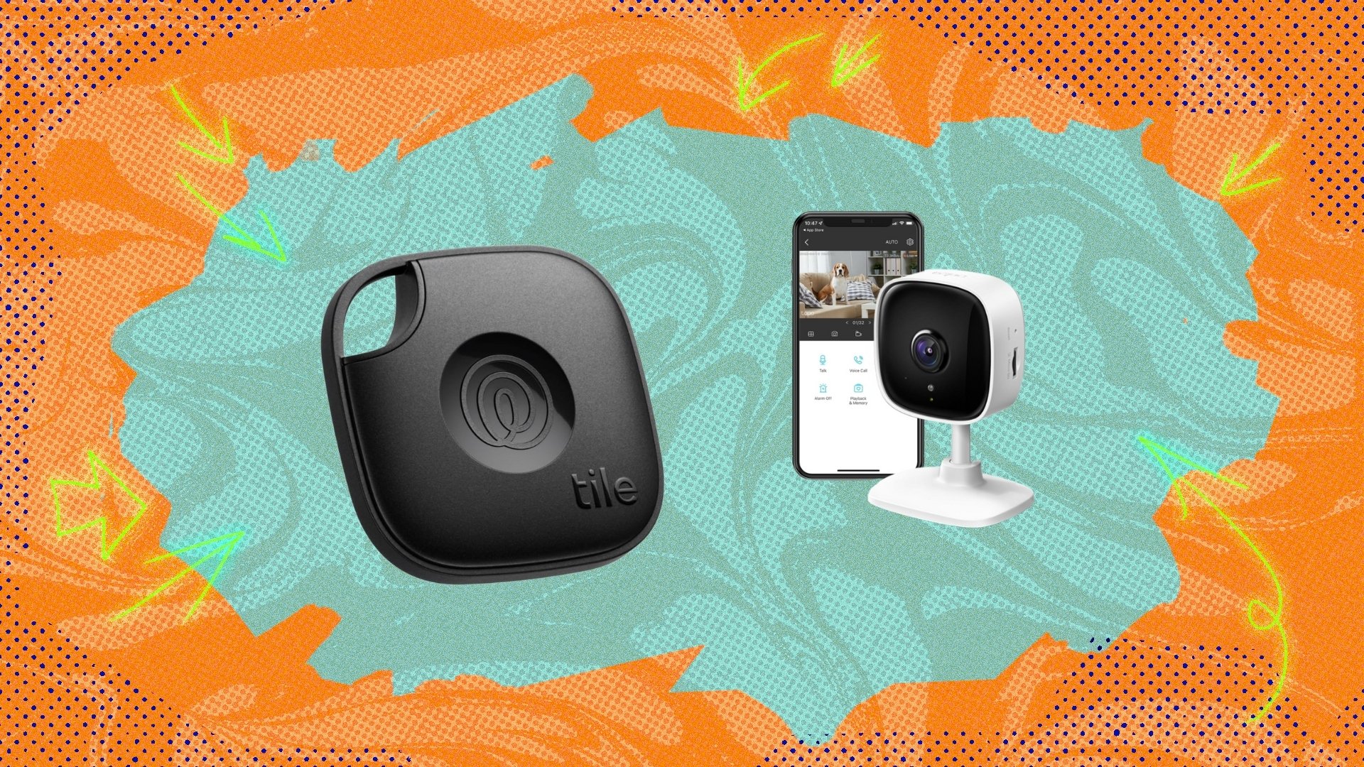 Tile tracker and TP-Link camera on gradient background