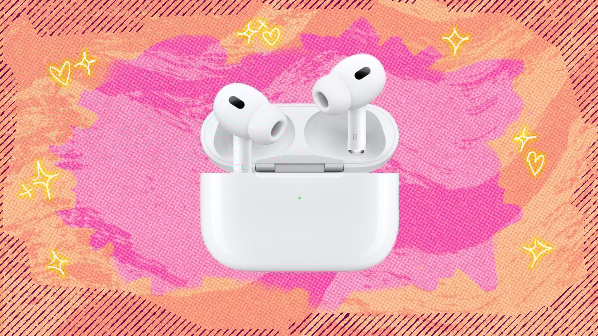 Apple AirPods Pro 2 on a pink and orange craft paper effect background