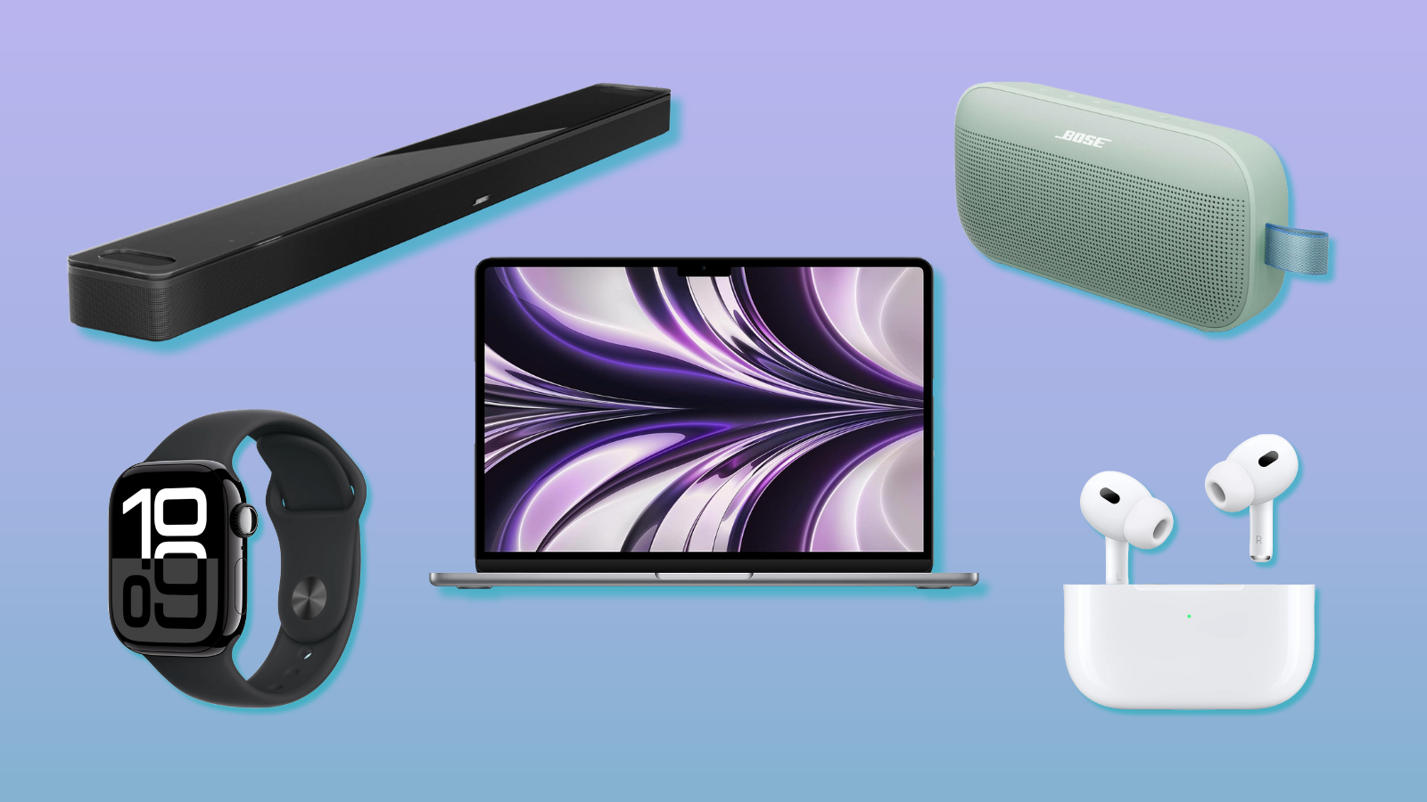 Apple AirPods Pro, Apple Watch Series 10, MacBook Air, Bose SoundLink Flex, and Bose Smart Ultra Soundbar with purple and teal background