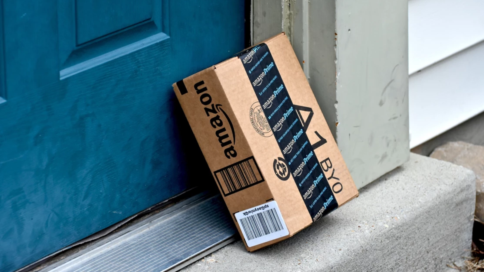 an amazon package resting against a front door