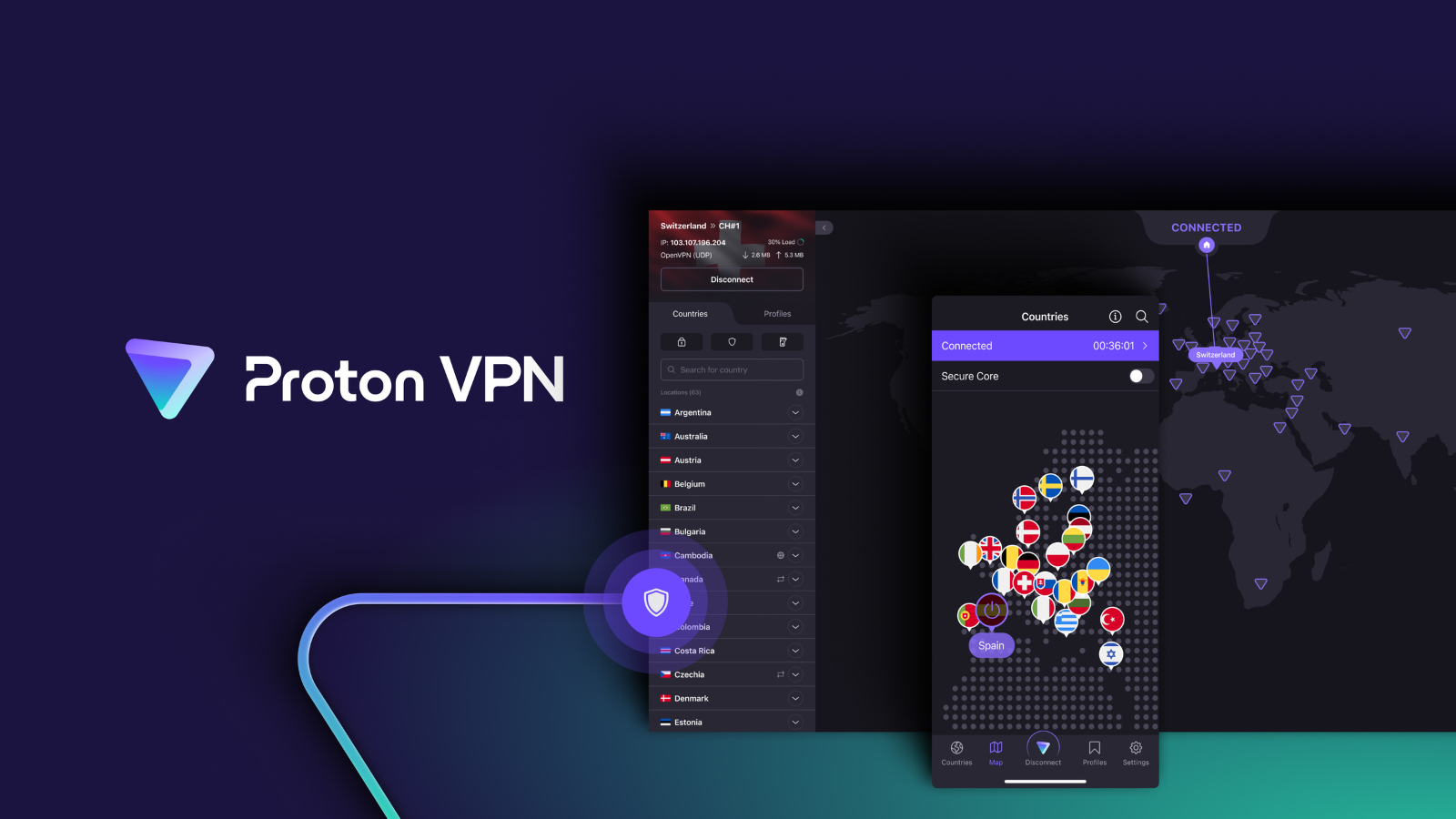 the proton vpn logo next to mock-ups of its desktop and mobile apps