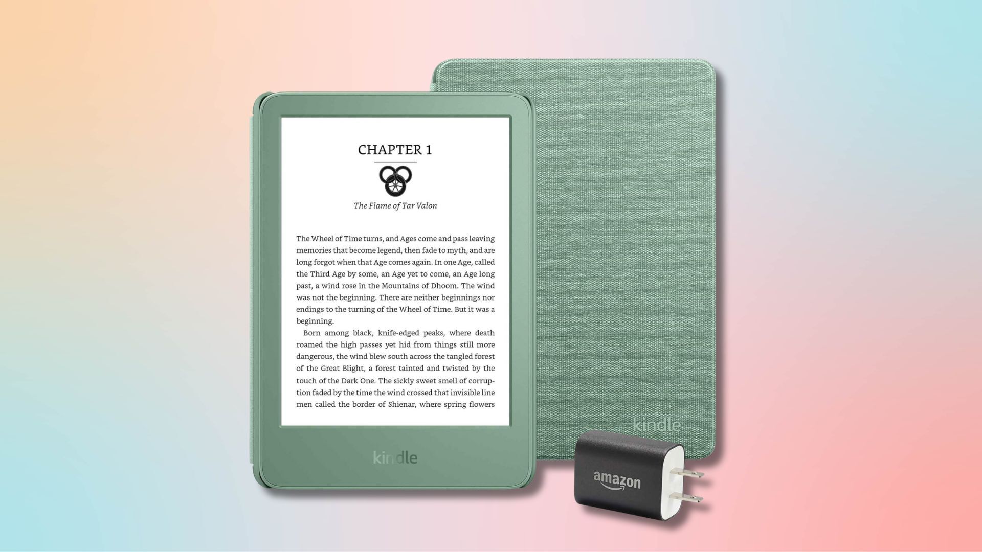 matcha colored kindle, case, and power adapter against a light pink, light blue, and light yellow gradient background