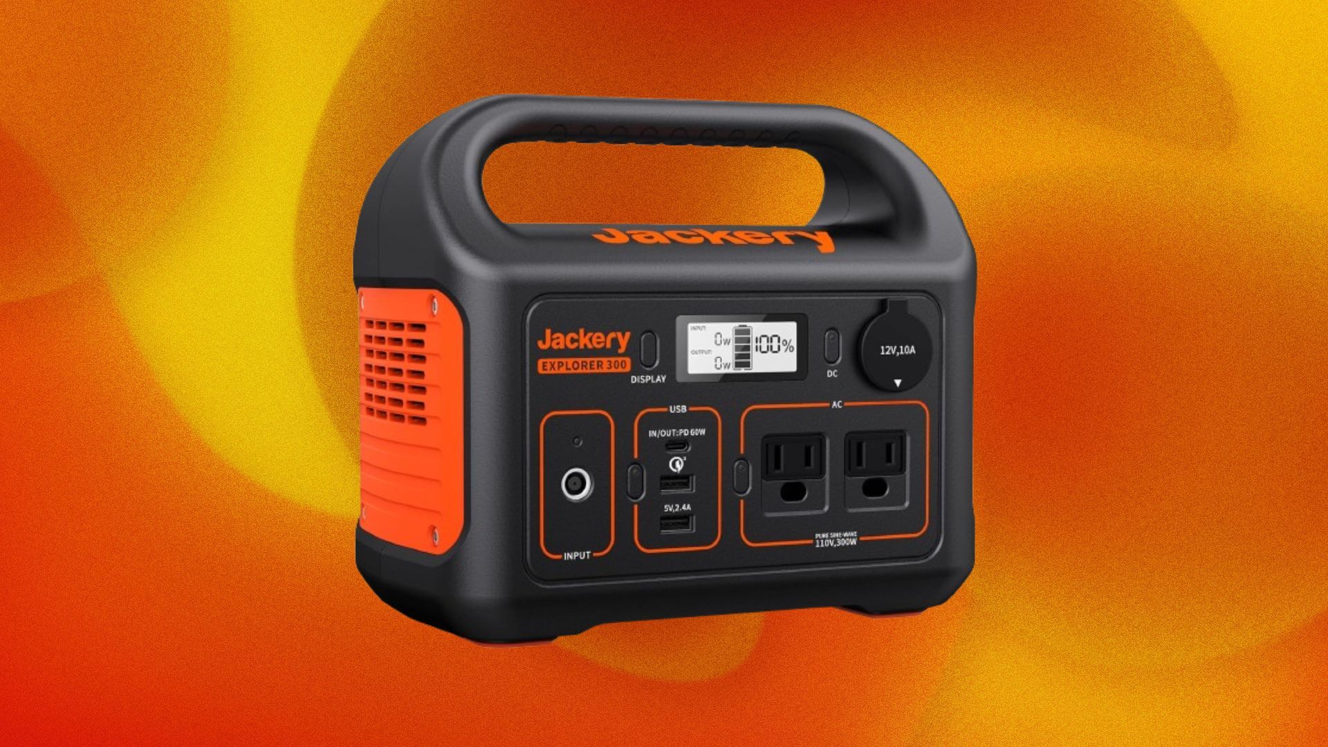 A Jackery portable battery bank appears on a swirly orange and yellow background.