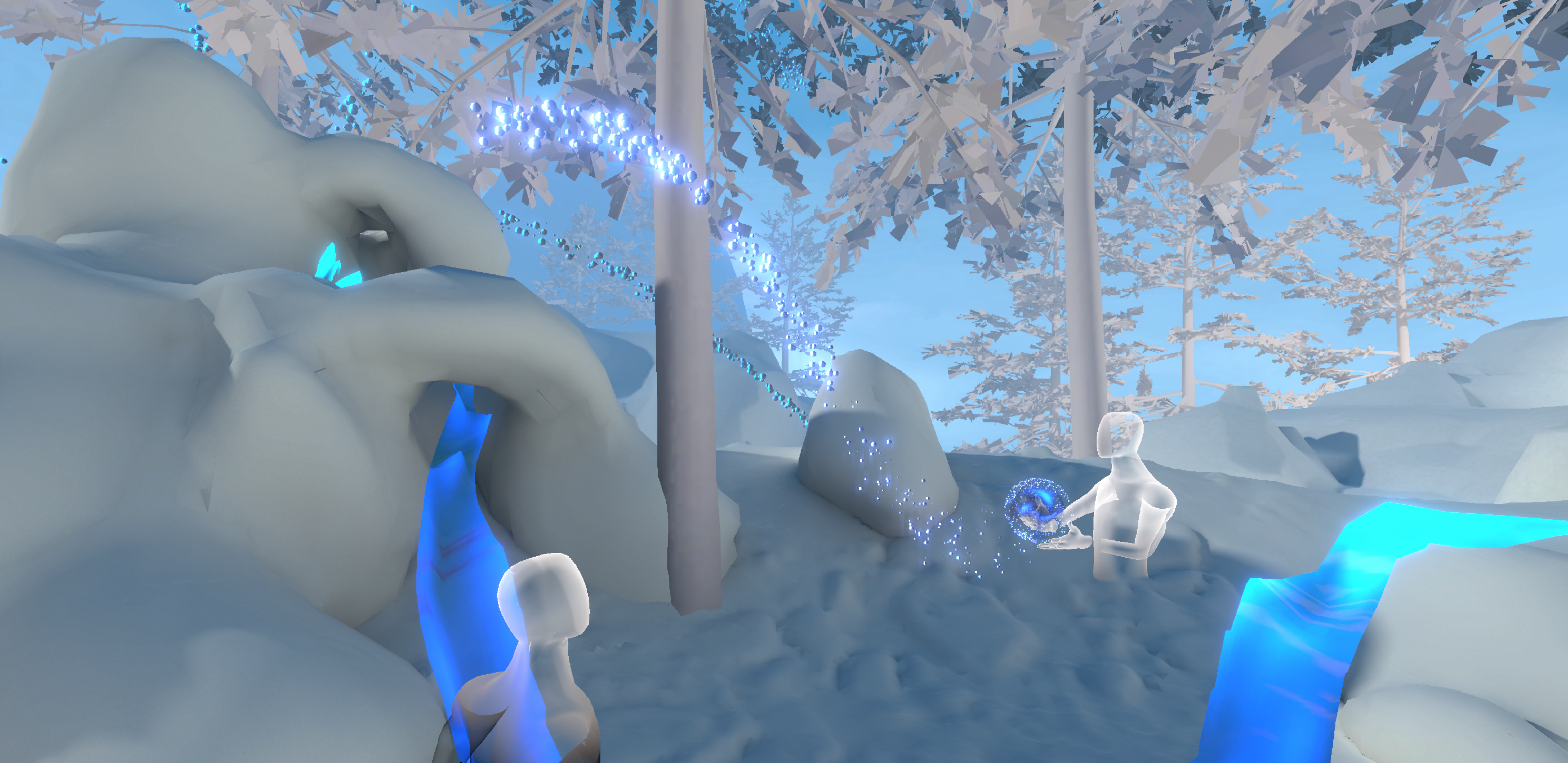 VR avatars surronded by a 3D forest of grey trees and a blue, stream flowing through the forest.